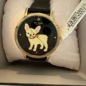 Kate Spade French Bulldog Woman’s Watch Black Leather Band Black Face NWT